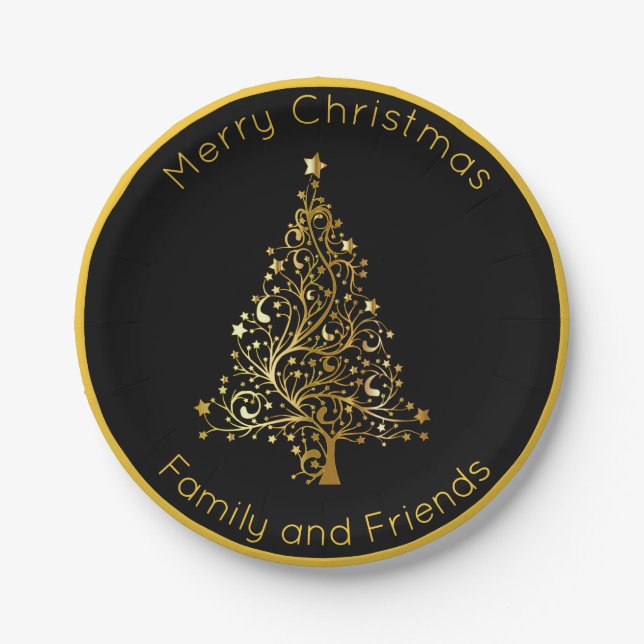 Sophisticated Black and Gold Christmas Tree Paper Plates (Front)