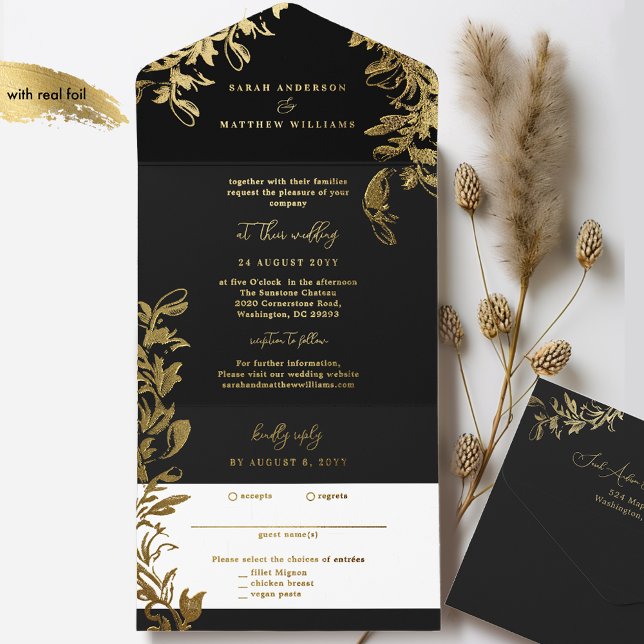 Sophisticated Black and Gold Foil Leaves All In One Invitation (Creator Uploaded)