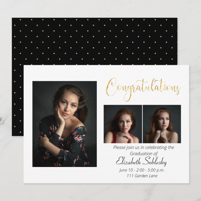 Sophisticated Black and Gold Photo Graduation Invitation (Front/Back)