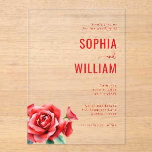 Sophisticated Black and Red Floral Acrylic Invitations
