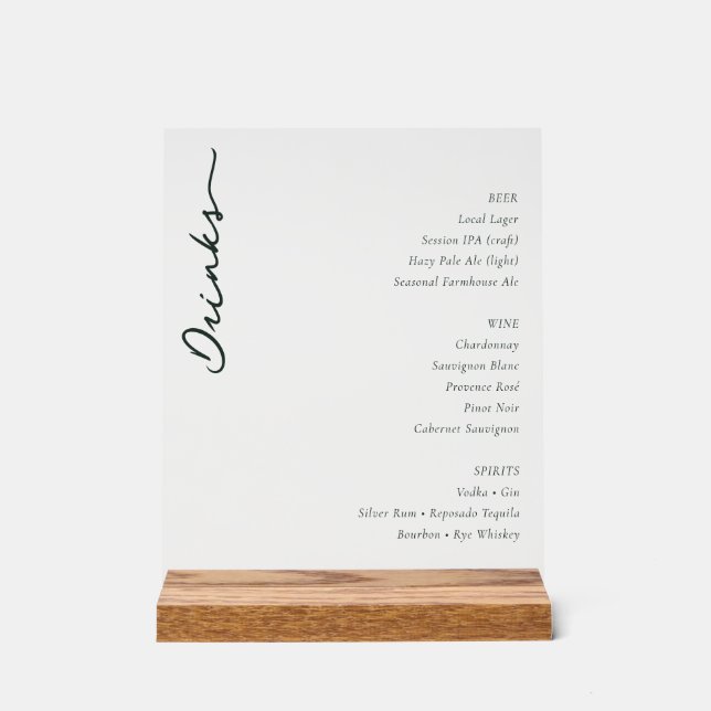 Sophisticated Black and White Beverage Menu Acrylic Sign (Front)