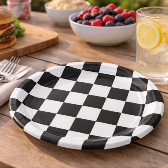 Sophisticated Black and White Checkered Pattern Paper Plates (Creator Uploaded)