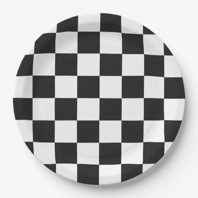 Sophisticated Black and White Checkered Pattern Paper Plates (Front)