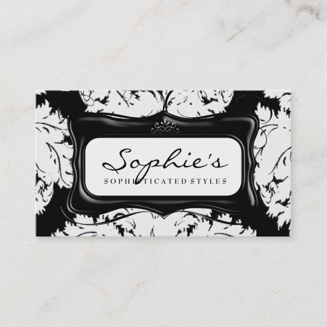 Sophisticated Black and White Damask Business Card (Front)