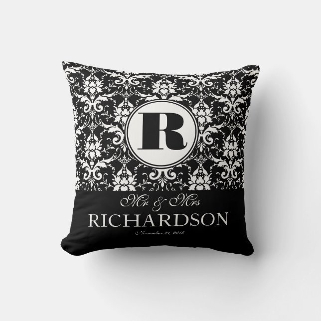 Sophisticated Black and White Damask Monogram Throw Pillow (Front)