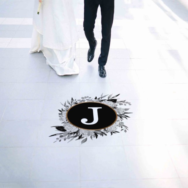 Sophisticated Black and White Floral Monogram Floor Decals (Wedding)