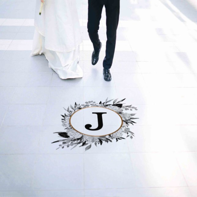 Sophisticated Black and White Floral Monogram Floor Decals (Wedding)