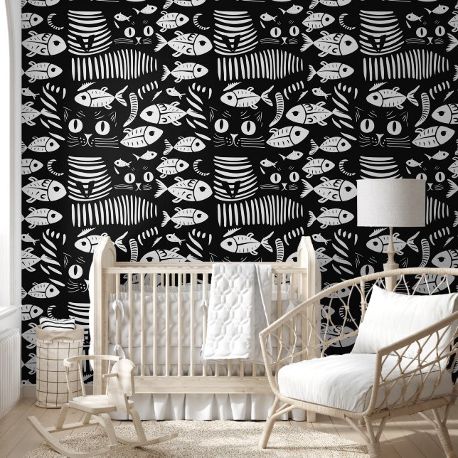Sophisticated black cat flat line design wallpaper  (Kids)