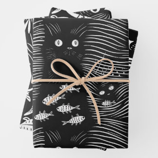 Sophisticated black cat flat line design wrapping paper sheets