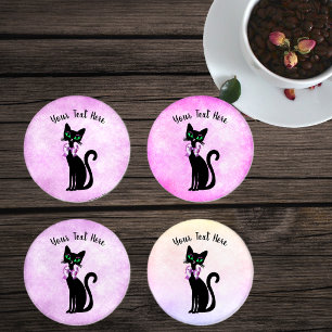 Sophisticated Black Cat Green Eyes Big Bow Pinks Coaster Set