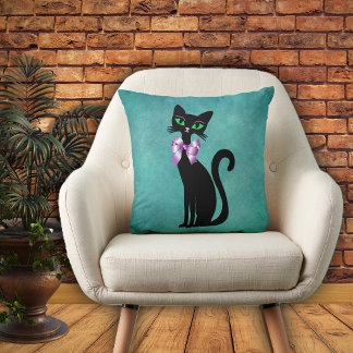 Sophisticated Black Cat green Eyes Pink Bow Aqua Throw Pillow
