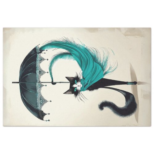 Sophisticated black cat with teal umbrella  tissue paper