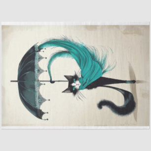 Sophisticated black cat with teal umbrella tissue paper