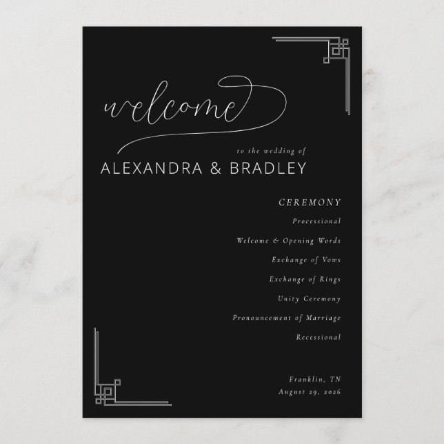 Sophisticated Black Geometric Wedding Ceremony Program (Front)