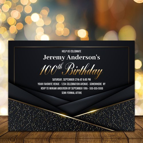 Sophisticated Black Gold 100th Birthday Party Invitation