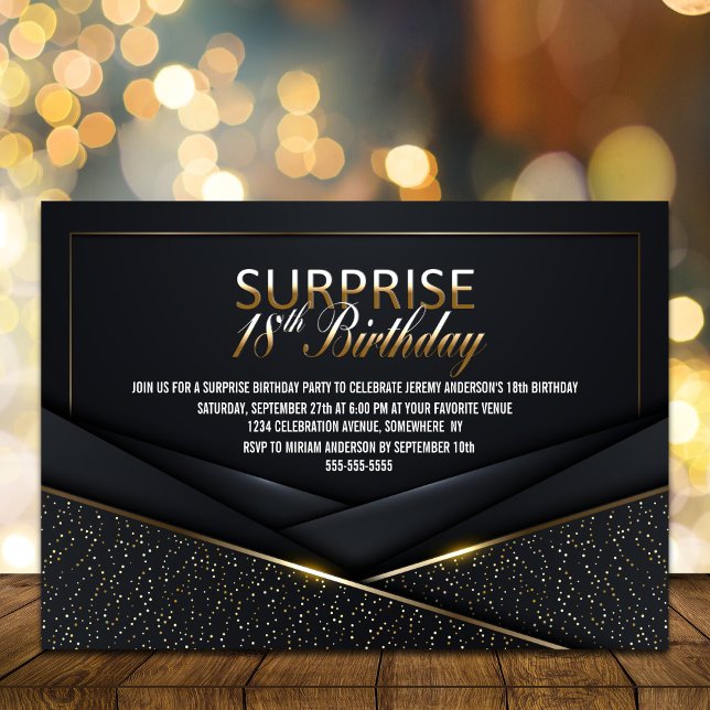 Sophisticated Black Gold 18th Surprise Birthday Invitation (Creator Uploaded)