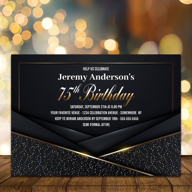 Sophisticated Black Gold 75th Birthday Party Invitation (Creator Uploaded)