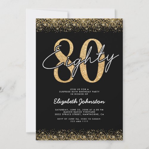 Sophisticated Black Gold 80th Birthday Invitation