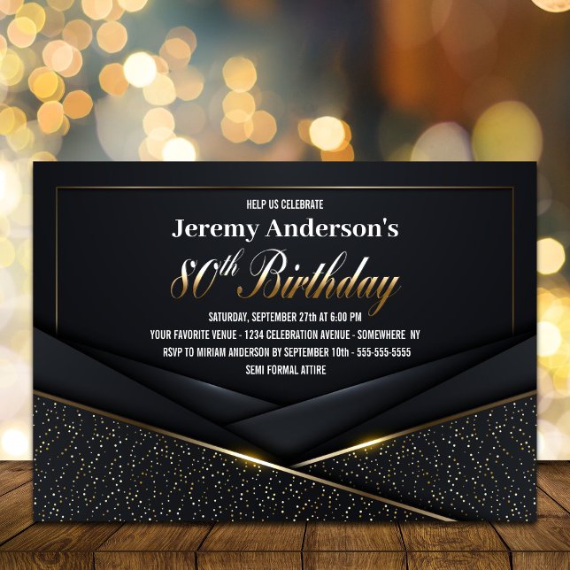 Sophisticated Black Gold 80th Birthday Party Invitation (Creator Uploaded)