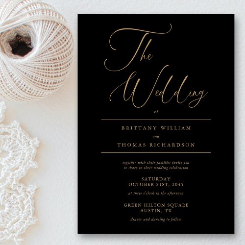 Sophisticated Black  Gold Typography Wedding Invitation