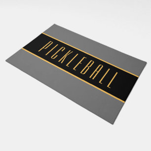 Sophisticated Black Gray PICKLEBALL Text Stripes Doormat