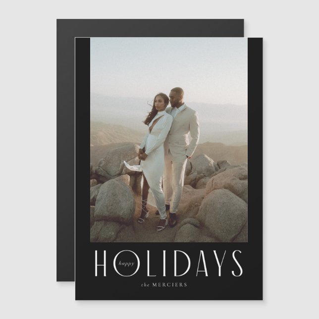 Sophisticated Black Happy Holidays Photo Magnetic Invitation (Front/Back)