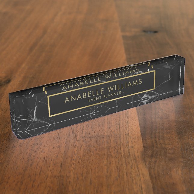 Sophisticated Black Marble and Gold Texture Desk Name Plate (Side)