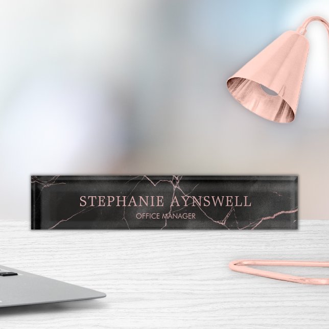 Sophisticated Black Marble Rose Gold  Desk Name Plate (Creator Uploaded)
