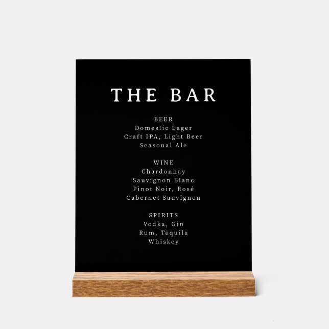 Sophisticated Black Minimalist Bar Menu Sign (Front)