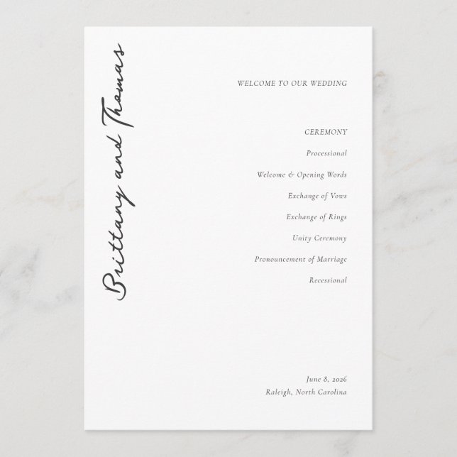 Sophisticated Black Minimalist Wedding Ceremony Program (Front)