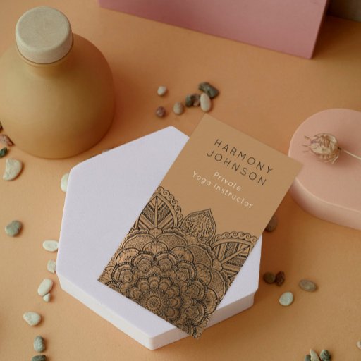 Customizable Sophisticated Black on Gold Mandala Yoga Business Card