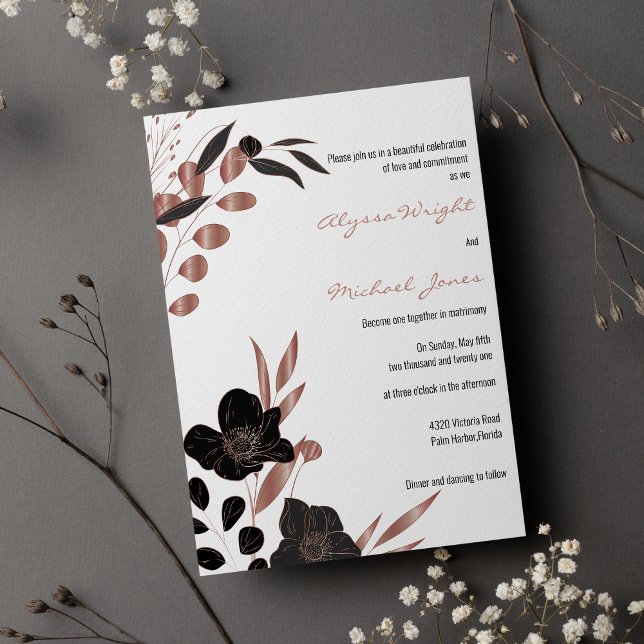 Sophisticated black rose gold floral glam Wedding Invitation (Sophisticated black rose gold floral glam Wedding )