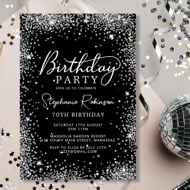Sophisticated Black Silver Glitter 70th Birthday  Invitation (Creator Uploaded)