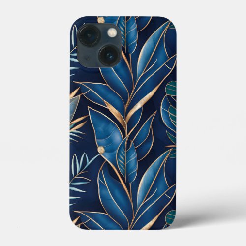 Sophisticated Blue and Gold Leaf iPhone 13 Mini Case