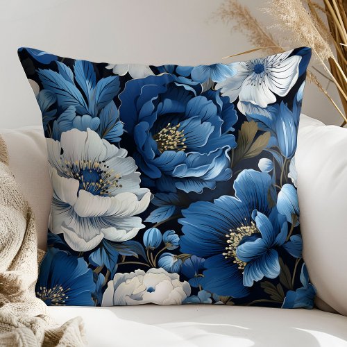 Sophisticated Blue and White Floral Decor Pillow