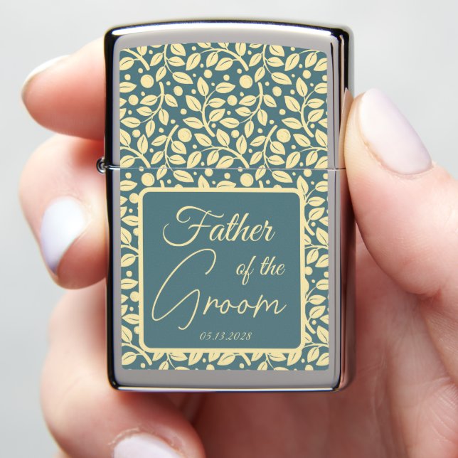 Sophisticated Blue & Cream Leaf Father of the goom Zippo Lighter (In Hand)