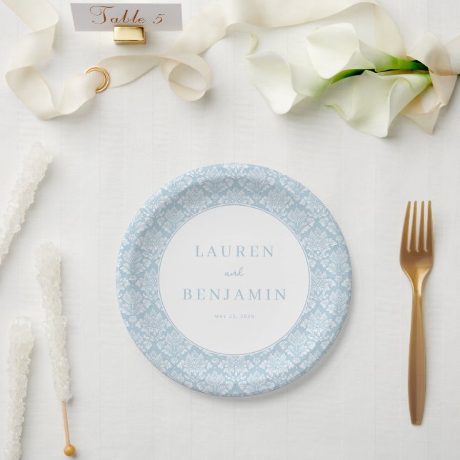 Sophisticated Blue Damask Paper Plates (Wedding)