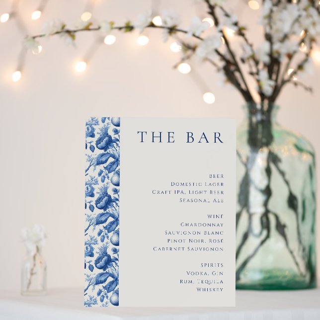 Sophisticated Blue Floral Bar Menu Foam Board (In Situ (Wedding))