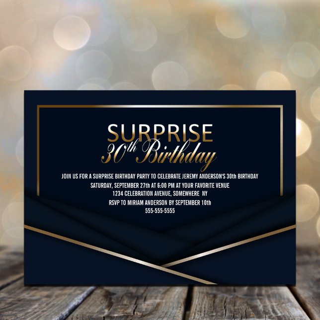 Sophisticated Blue Gold 30th Surprise Birthday Invitation (Creator Uploaded)