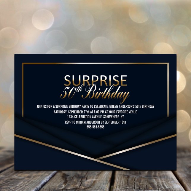 Sophisticated Blue Gold 50th Surprise Birthday Invitation (Creator Uploaded)
