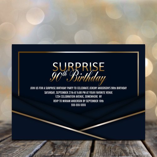 Sophisticated Blue Gold 90th Surprise Birthday Invitation