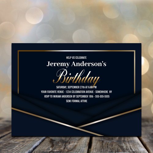 Sophisticated Blue Gold Birthday Party Invitation