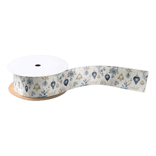 Sophisticated Blue & Gold Christmas Pattern    Satin Ribbon (Spool)