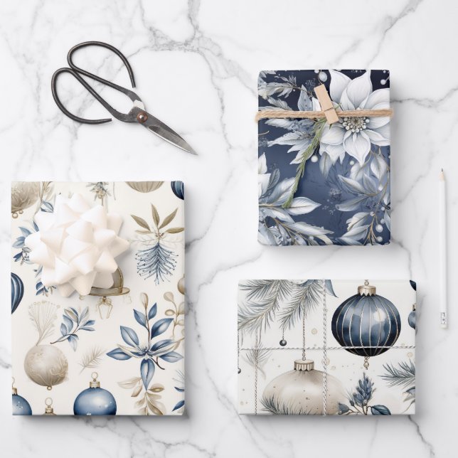 Sophisticated Blue & Gold Christmas Pattern    Wrapping Paper Sheets (Front)