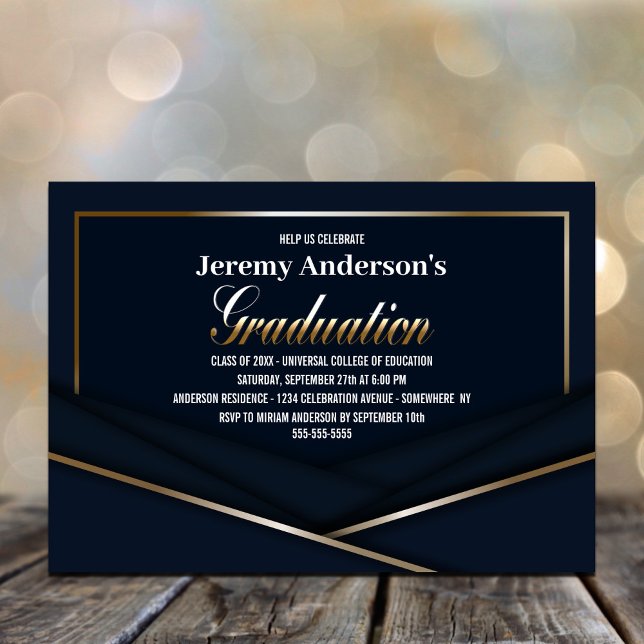 Sophisticated Blue Gold Graduation Party Invitation (Creator Uploaded)