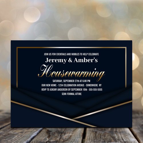 Sophisticated Blue Gold Housewarming Party  Invitation