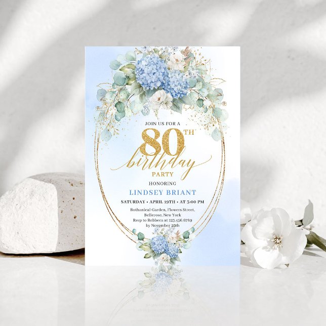 Sophisticated Blue Hydrangea Floral 80th Birthday  Invitation (Sophisticated Blue Hydrangea Floral 80th Birthday Invite)