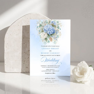Sophisticated Blue Hydrangea Gold Wedding Invite