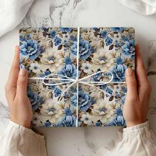 Sophisticated Blue Ivory Floral Luxury Wrapping Paper