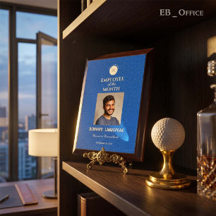 Sophisticated Blue Leather Logo Photo Custom Award Plaque